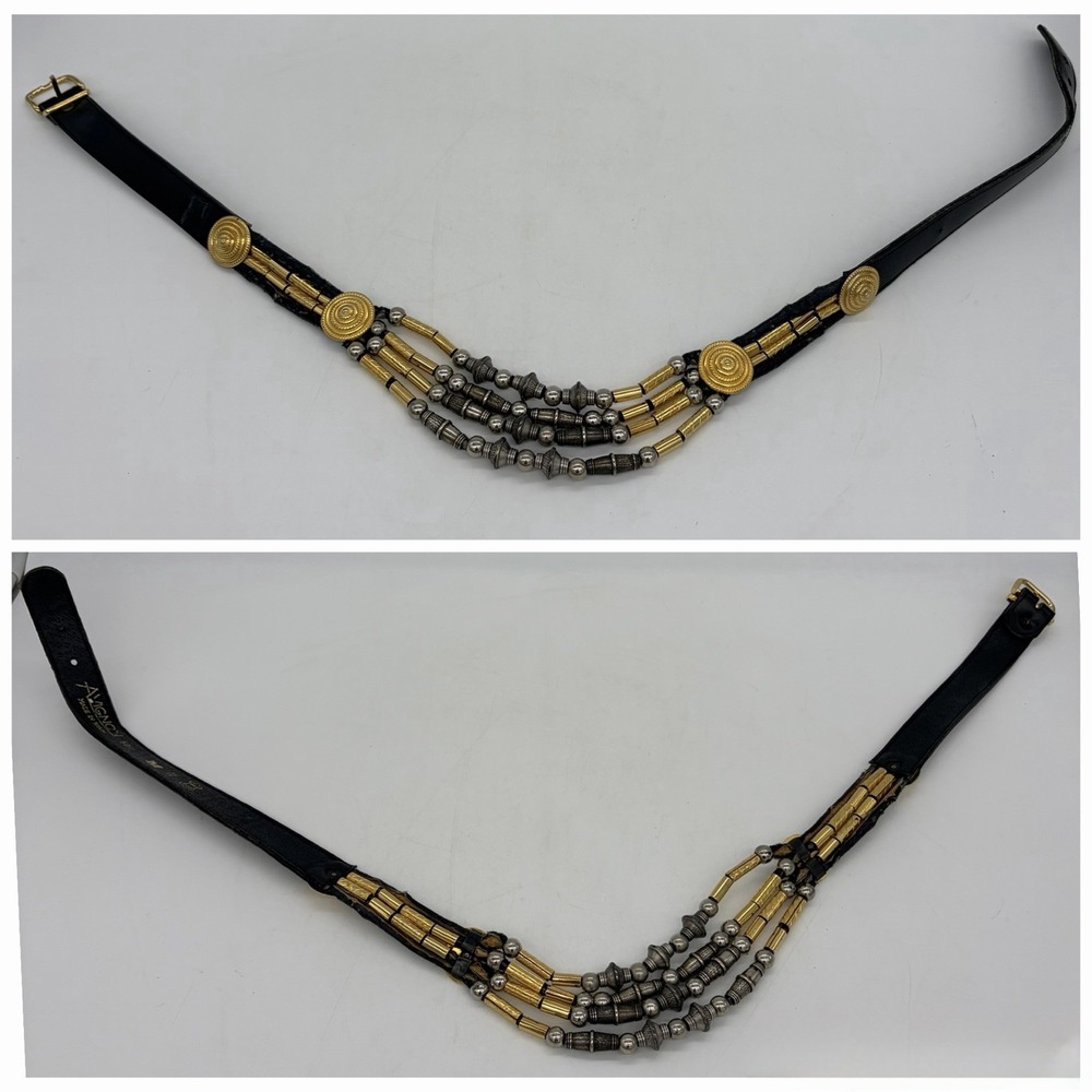 Vintage Avignon Womens M Belt Black Leather Silver & Gold Beading Boho Western - Picture 2 of 16
